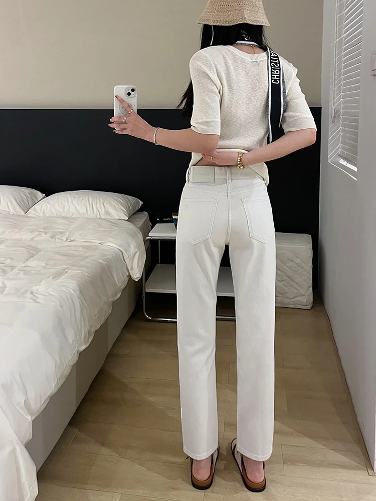 

High Waist Straight Leg Denim Jeans Women's Spring 2026 New 3D Print White Elastic Nine Tube Pants Comfortable Cotton Stretch