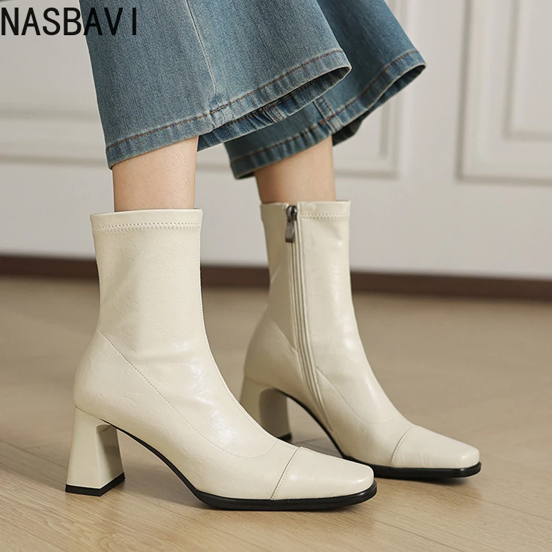 

NASBAVIFashion Women Ankle Boots Winter Shoes Microfiber Autumn High Heels Zipper Motorcycle Pointed Toe Black Short Boots 34-40