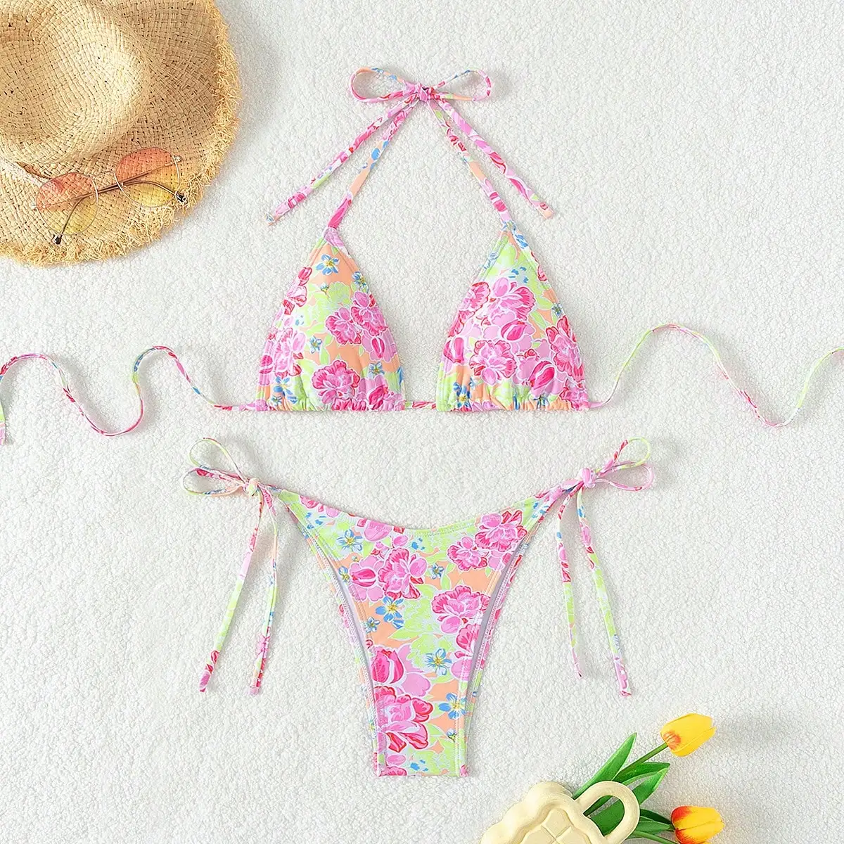 Pink sexy swimwear women printed triangle cup bra neck strap back strap side Female beach set strap bikini suit