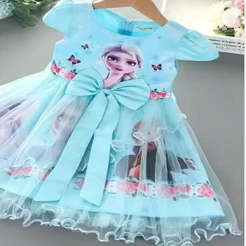 Summer Dresses Kids Girls Princess Toddler Cartoon Frozen Elsa Short Sleeve Mesh Party Wedding Dress Outfit Cotton Pajama Tops