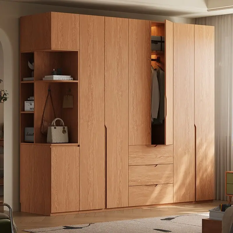 Log wind swing door wardrobe bedroom household solid wood free handle oak board finished storage wardrobe cabinet