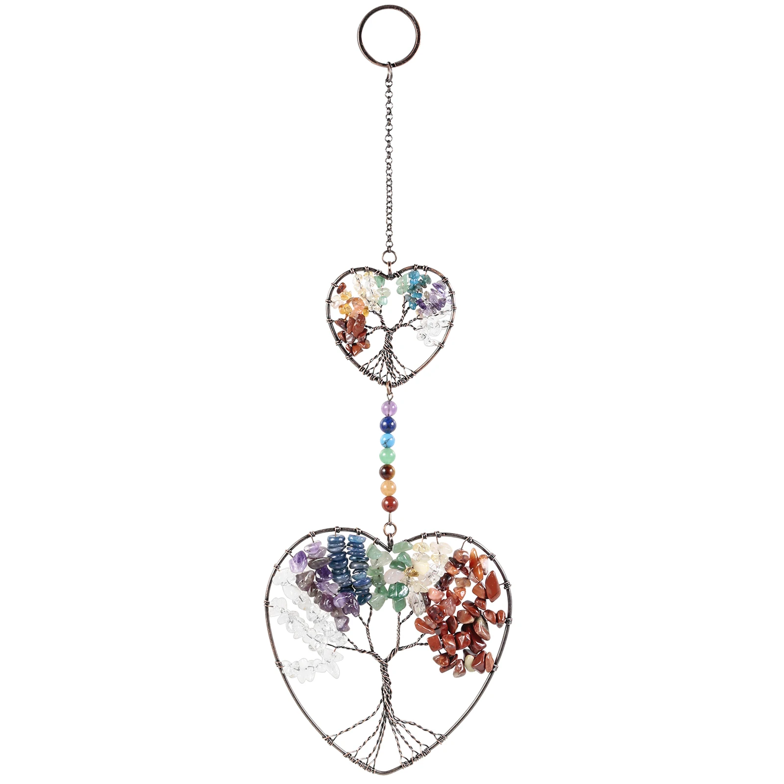 

Double Heart Life Tree Hanging Ornament Reiki Healing 7 Chakra Crystal Stone Beads For Home Decor Car Window Decoration