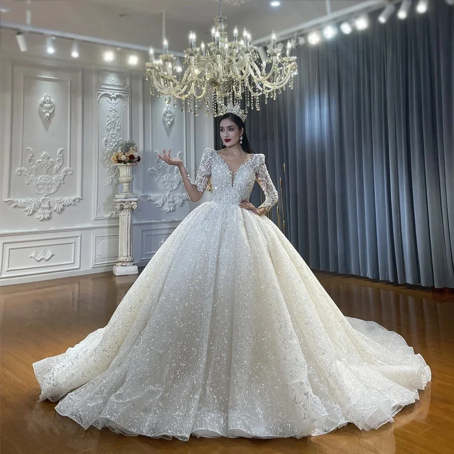 

Customized 2025 Dubai Pearls Wedding Dress Sequins Beaded Bridal Dress Ball Gowns V Neck Long Sleeves Vestidos De Novia