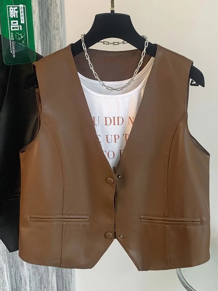 

Смачный многослойный жилет из искусственной кожи, женский весенний винтажный стильный жилет с v-образным вырезом для похудения, топ с подплечниками