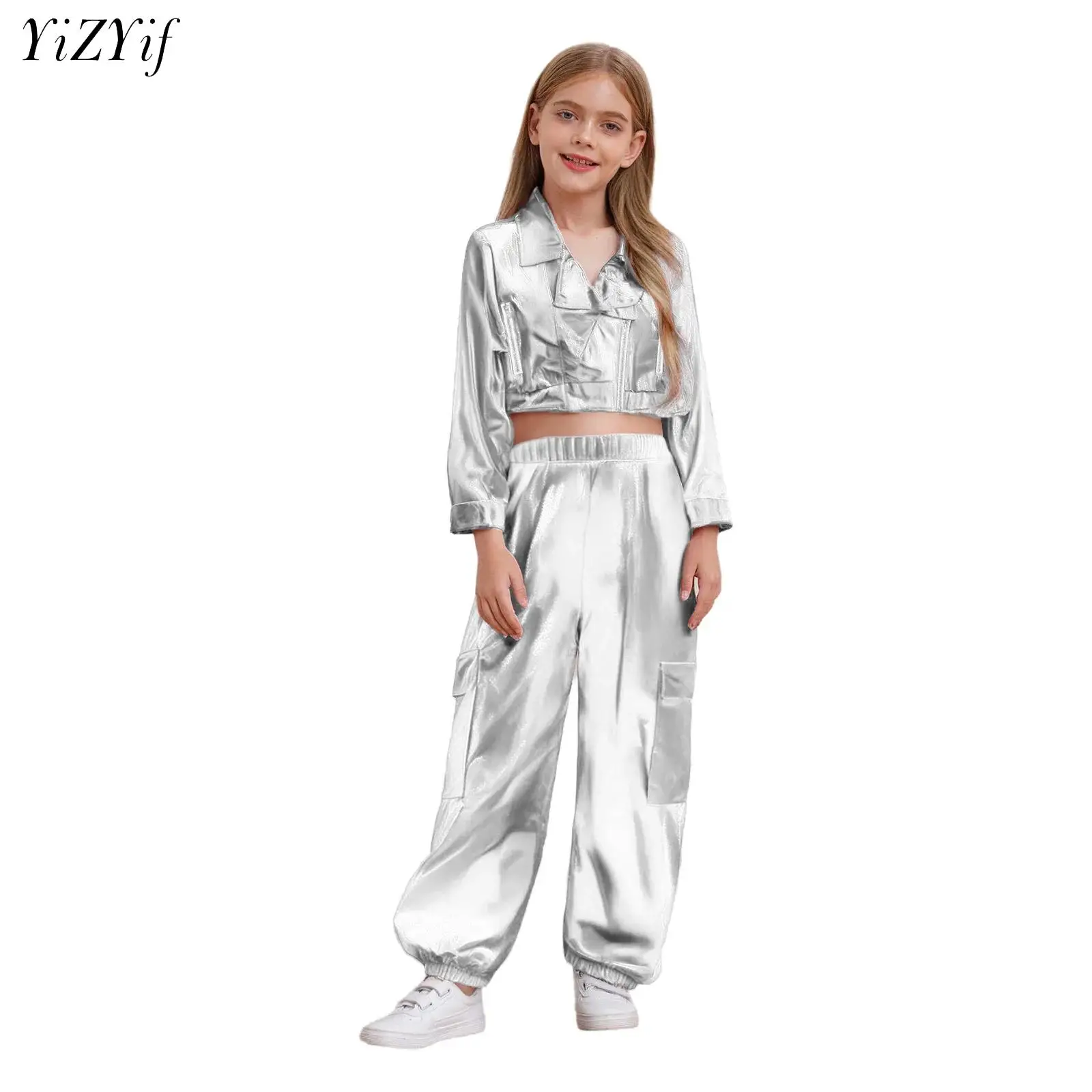 

Kids Girls Metallic Jazz Dance Sets Ballet Hip Hop Costume Outfits for Modern Latin Jazz Dancing Cheerleading Stage Performance