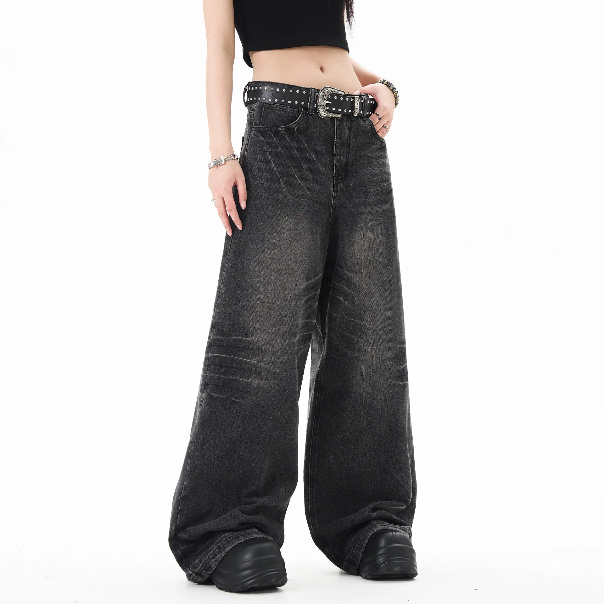 OR FL Women's American Retro Aging Cat Whiskers Wash and Age Staraight Jeans Trendy Brand Baggy Wide Leg Big News Pants Y2k