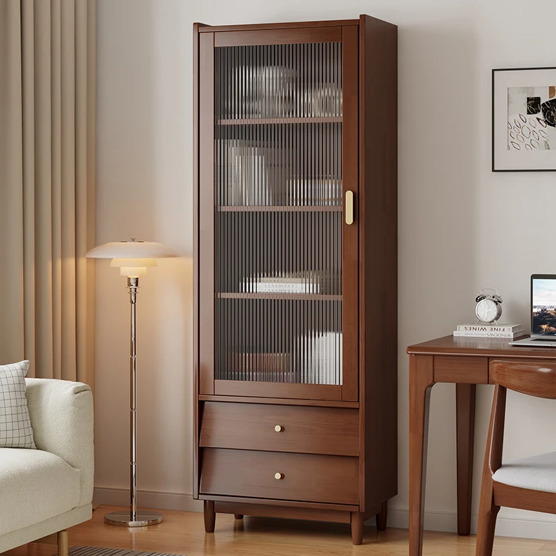 Glass Door Bookcase Solid Wood Modern Cream Wind Locker Locker Household Bookshelf Living Room Display Cabinet Storage Cabinet - view 2