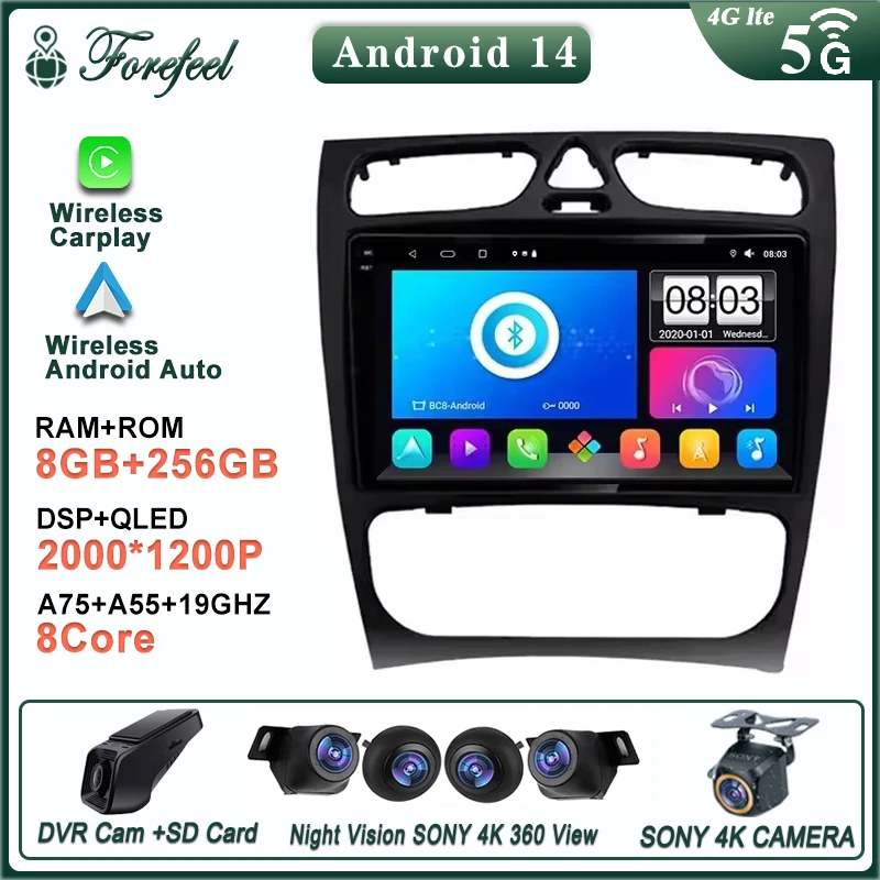 Android 14 Car Dvd For Mercedes Benz Classe C S203 CL203 W203 2000 2001 2002 2003 2004 Multimedia Car GPS Navigation Radio HDR