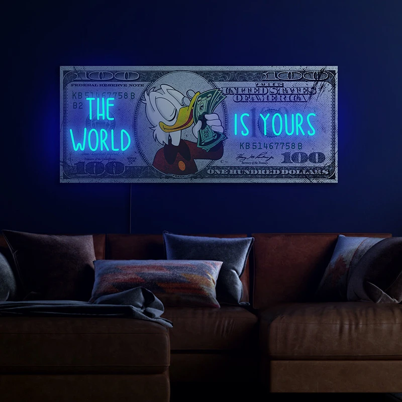 Imagem -02 - Mundo é Seu Sinal de Neon Dólar Personalizado Artesanal Luzes Noturnas Impressas uv Quarto e Sala de Estar Decoração de Parede para Casa o