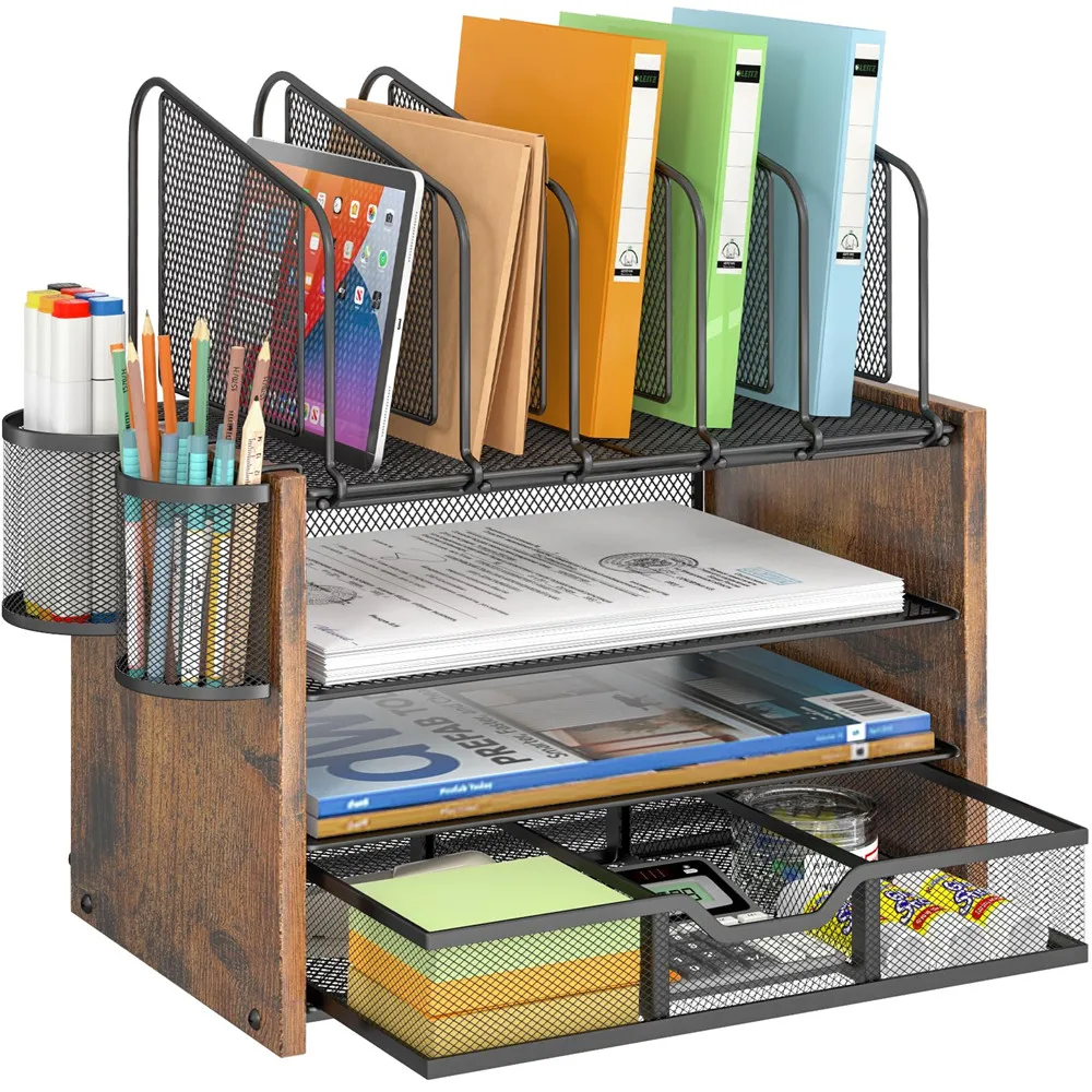 4-Tier Mesh Wooden Desk File Organizer with 5 Vertical File Holders & 2 Pen Holders Desktop Organizer with Drawer organization