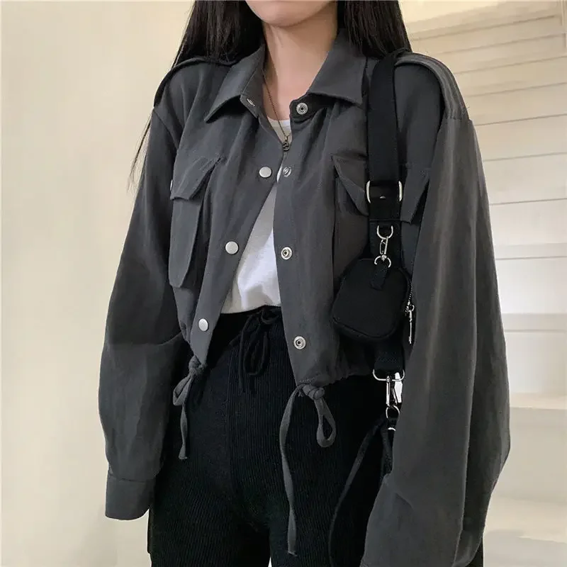 Deeptown Harajuku Fashion Cropped Autumn Jacket Women Chic and Elegant Streetwear Vintage 2000s Aesthetic Jackets Oversized Coat