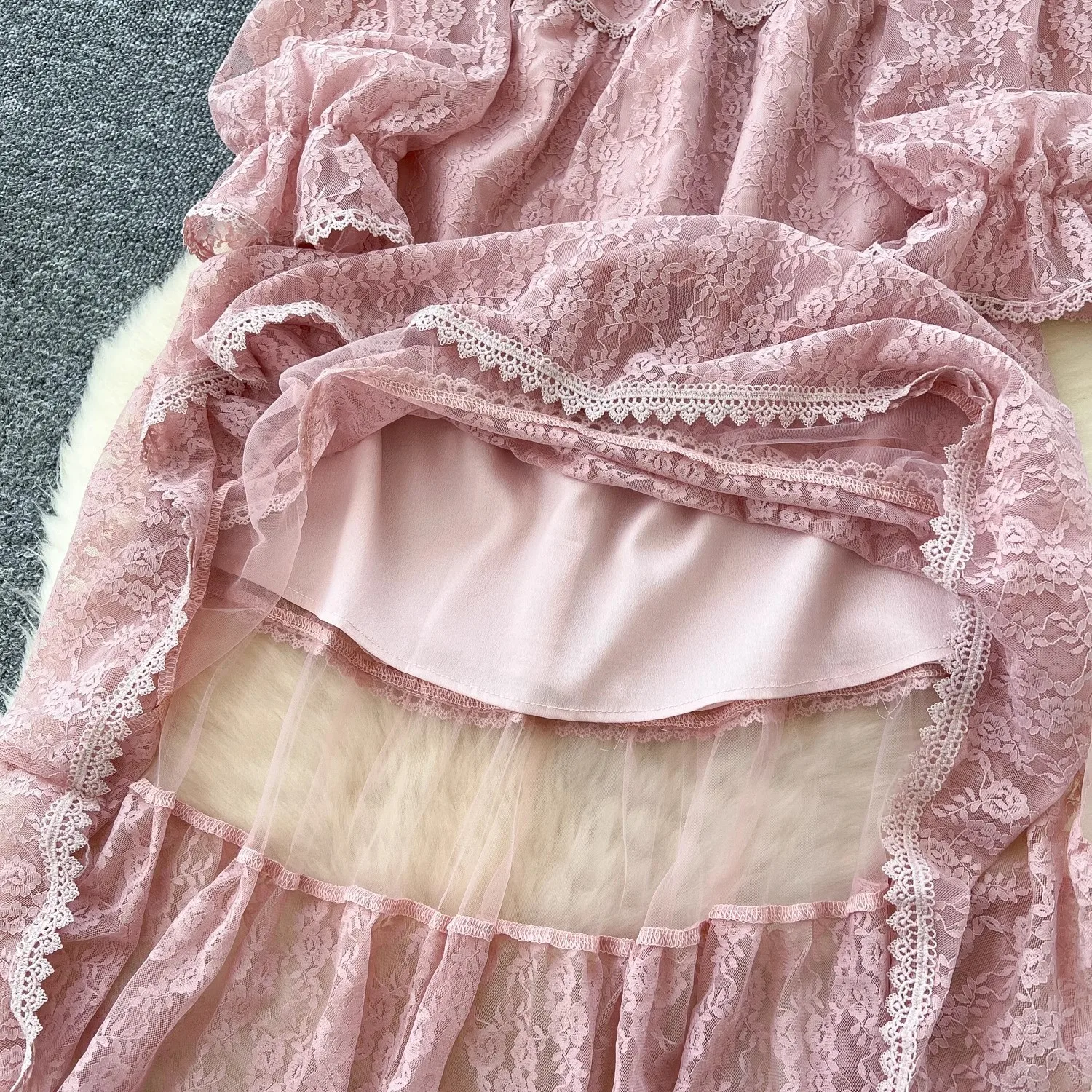 New Autumn Fashion Embroidery Lace Hollow Out Dress For Women Flare Long Sleeves Sweet Pink Elegant Dresses Female Clothing