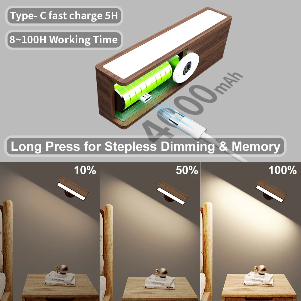 Solid Black Walnut Wall Sconces Wireless LED Wall Mounted Bedside Reading Lamps Dimmable Battery Powered Night Light for Bedroom