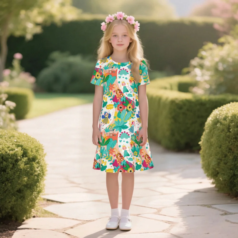 Short Sleeve Dress 2025 New Product Release, Children's Fresh Forest Cartoon Printing, Casual Girls Dress