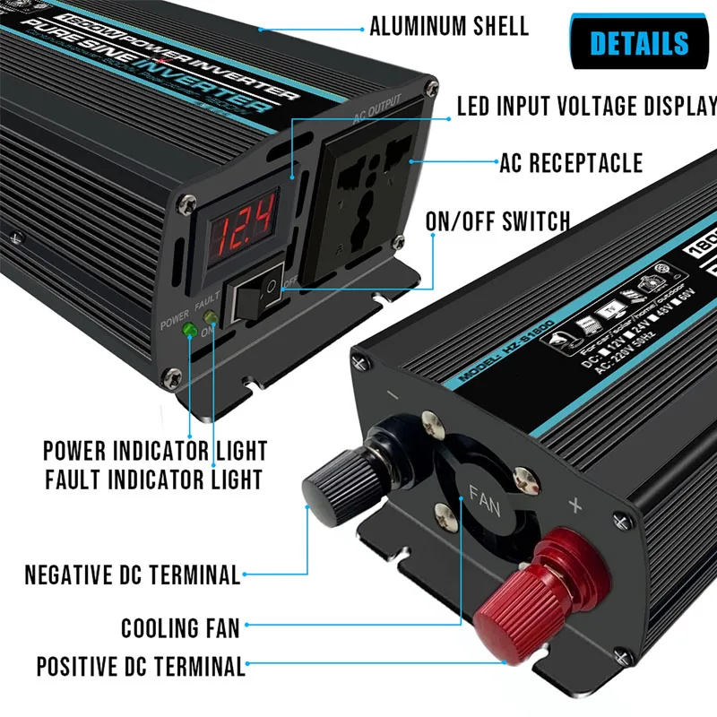 10000/1800/2000/2600W 12V To 220V Pure Sine Wave Power Inverter Solar System/Solar Panel/Home/Outdoor/Camping Power Inverters