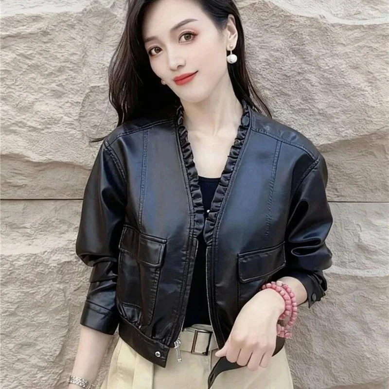 2026 Spring Autumn Short Leather Jacket for Women Fashion Solid Color Lace V-neck Loose PU Leather Jacket Top Motorcycle Coat
