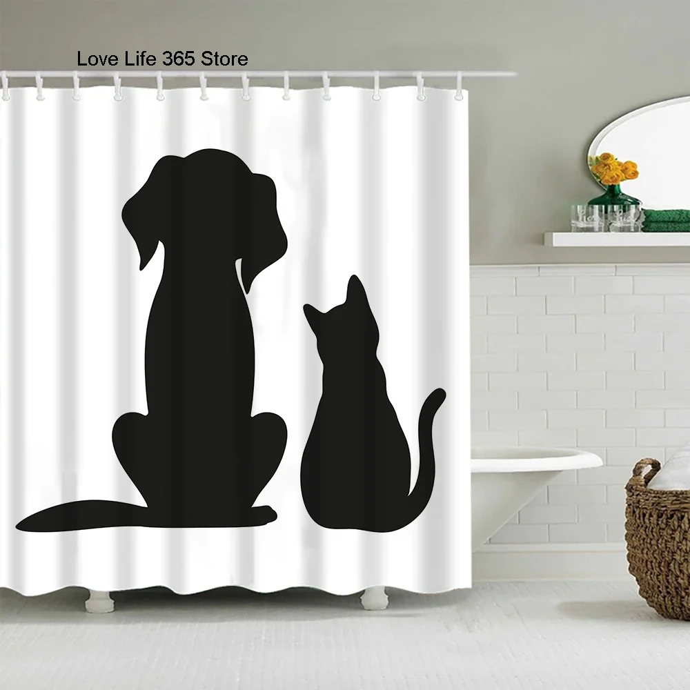 Puppy Cat Cute Cartoon Shower Curtains Washable Fabric Polyester For Bathtub Art Bathroom Decor Partition With Hooks Waterproof