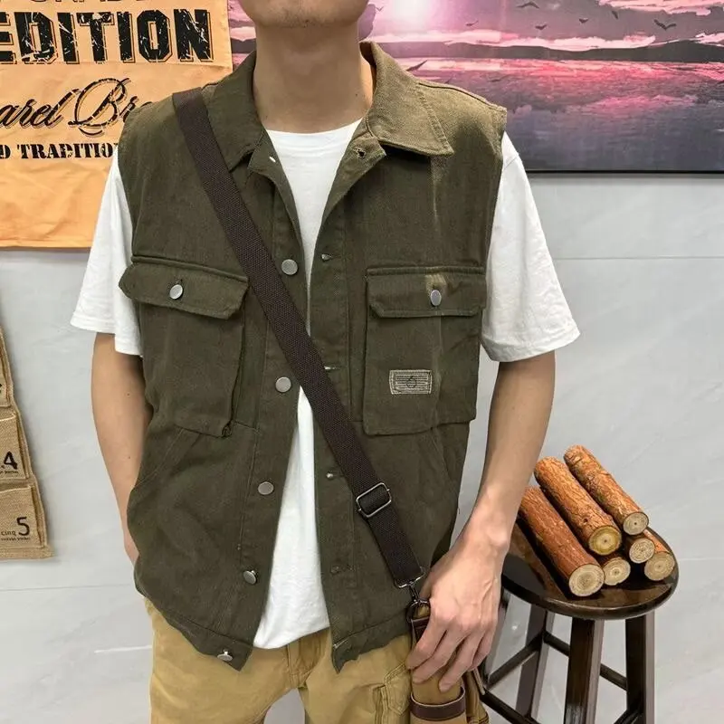 Men's Japanese Retro Multi Pocket Workwear Vest Casual Loose Utility Vest Jacket Streetwear Functional Sleeveless Jacket