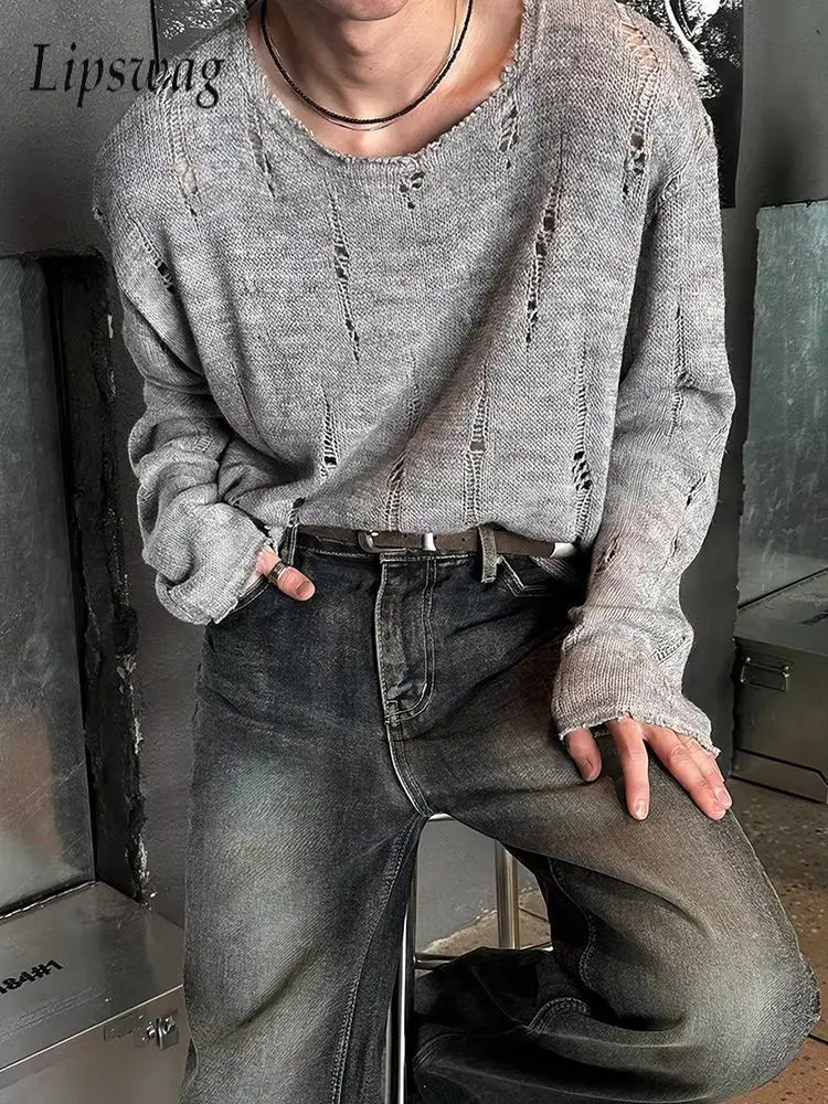 Y2K Mens Hollow Out Ripped T Shirts Streetwear Fashion Solid Color Long Sleeve O Neck Jumpers Men Autumn Vintage Knitted T-shirt
