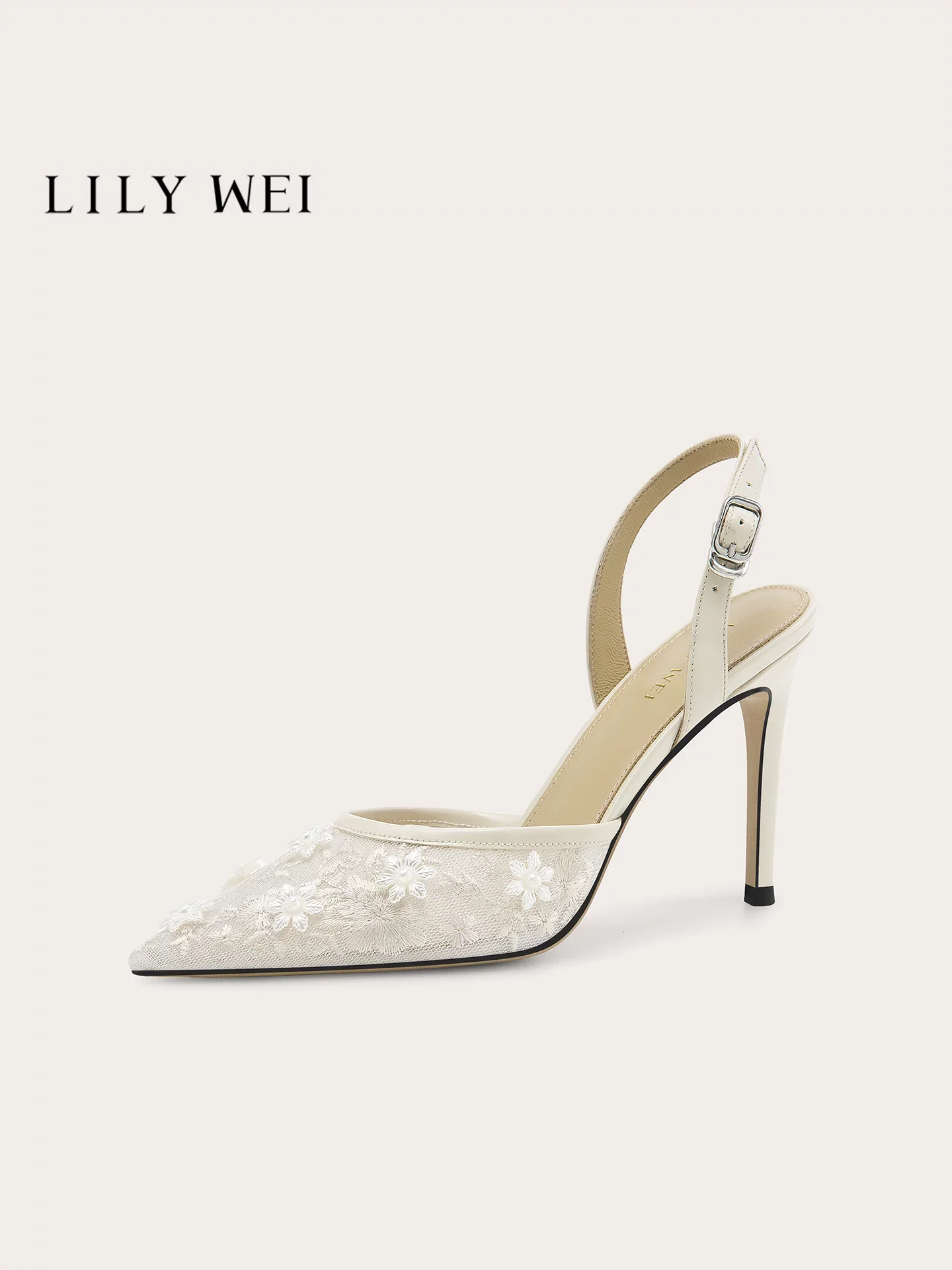 Summer New Pointed Lace Mesh Pearl Embroidered Wedding Shoes Banquet Large Size Small Size Thin Heel High Heel Women's Sandals