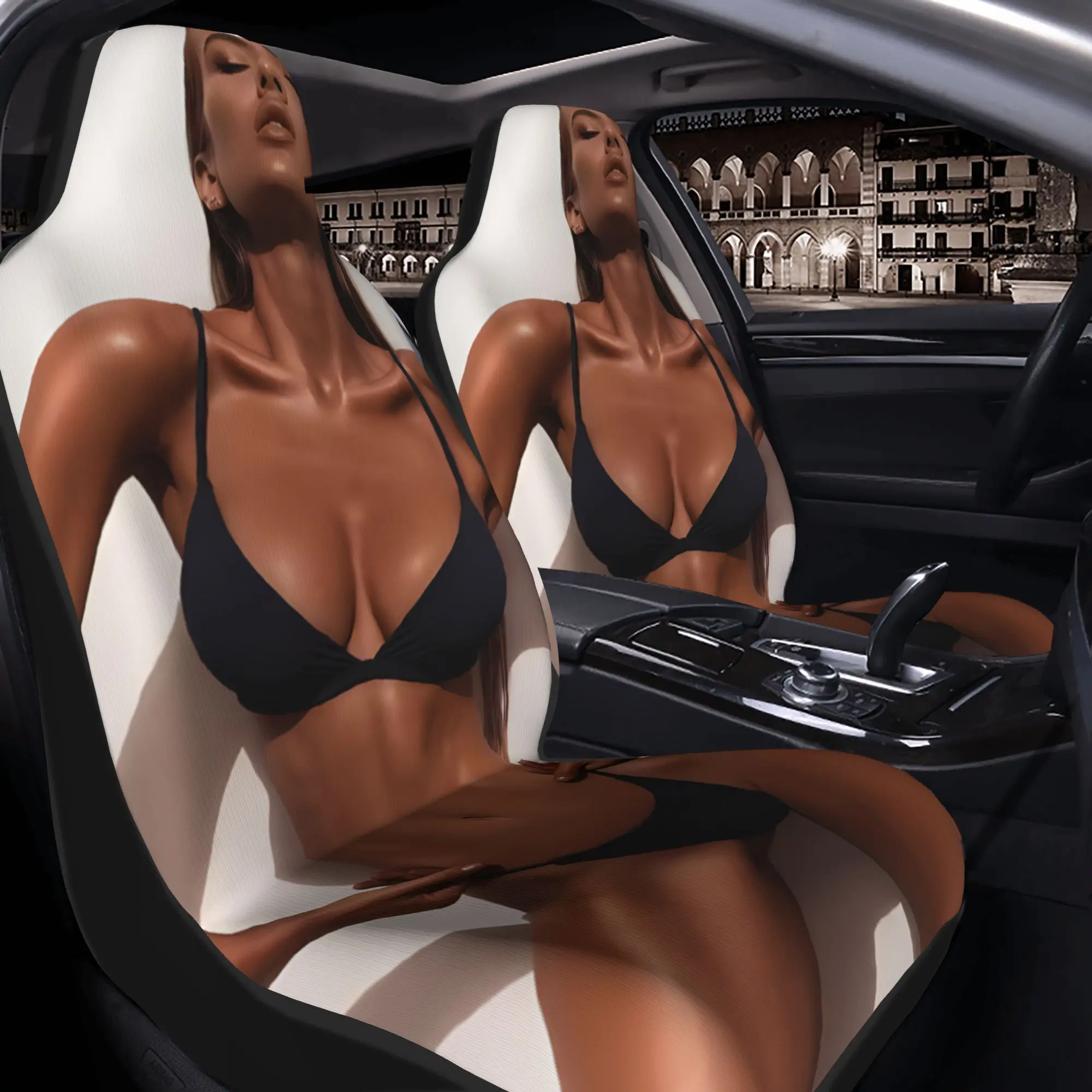 2pcs Black Bikini Model Print Car Seat Covers - Stylish Fit Car Seat Covers, Suitable For All Car Models, Birthday Gifts And V