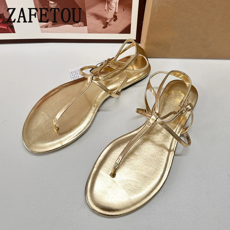 Zafetou Women's Sandals  2024 Summer Collection Round Headed Gold Thin Strap Combination Toe Flat Woman Shoes