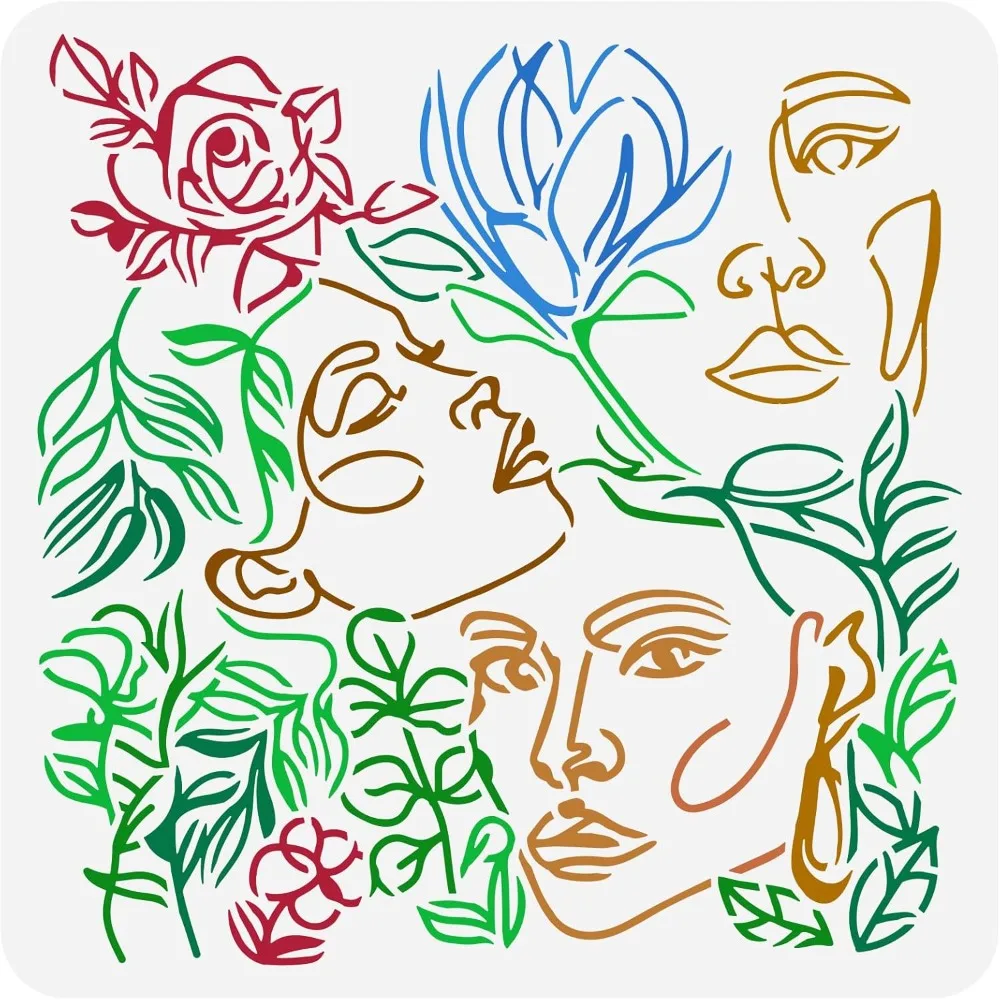 Woman Face Stencil 11.8x11.8inch Line Art Beautiful Woman Face Drawing Template Beauty Girl Rose Magnolia Pattern Decoration