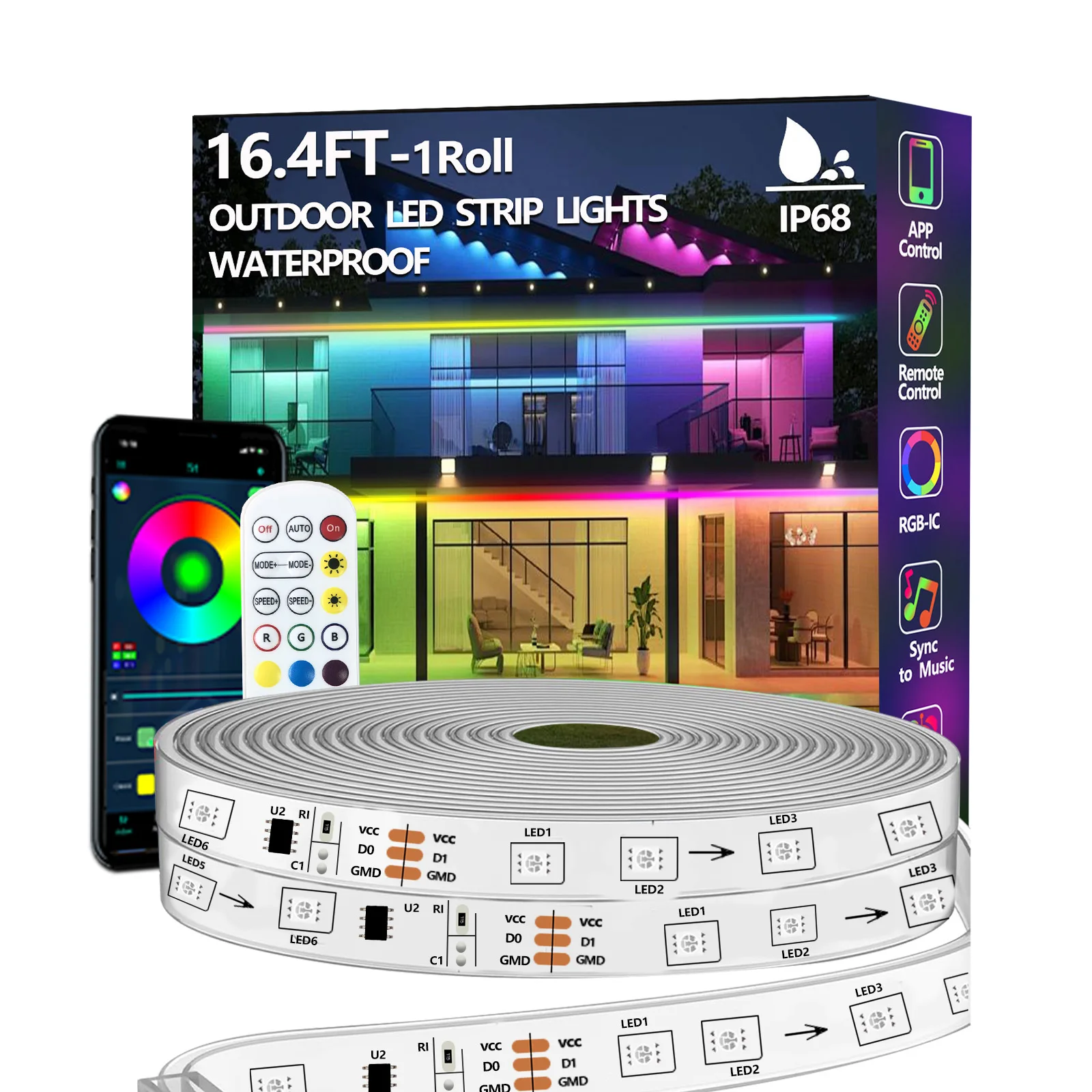 Outdoor LED Strip Light Waterproof, IP68 Outside RGB+IC Light Strip with App/Remote Control, Chase Mode, Music Sync Light for Balcony, Deck,Rooftop, Garden, Pool