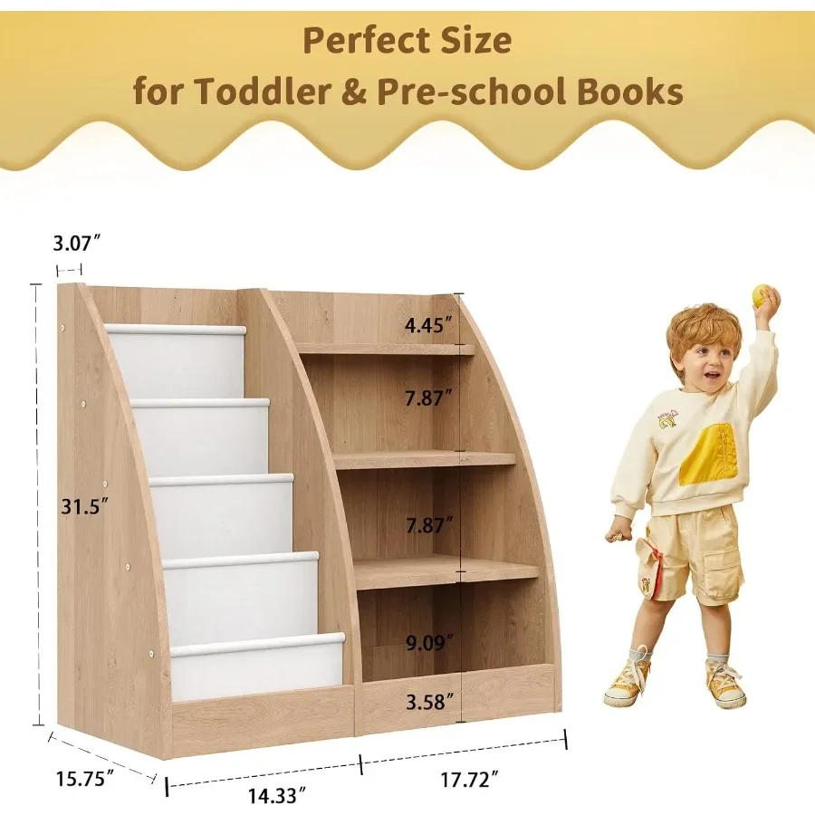 4 Tier Bookshelf with 4 Layer Design for 's Rooms Wooden 's Bookcase for Baby Storage and Toy Organization Toddler Bookshelf as