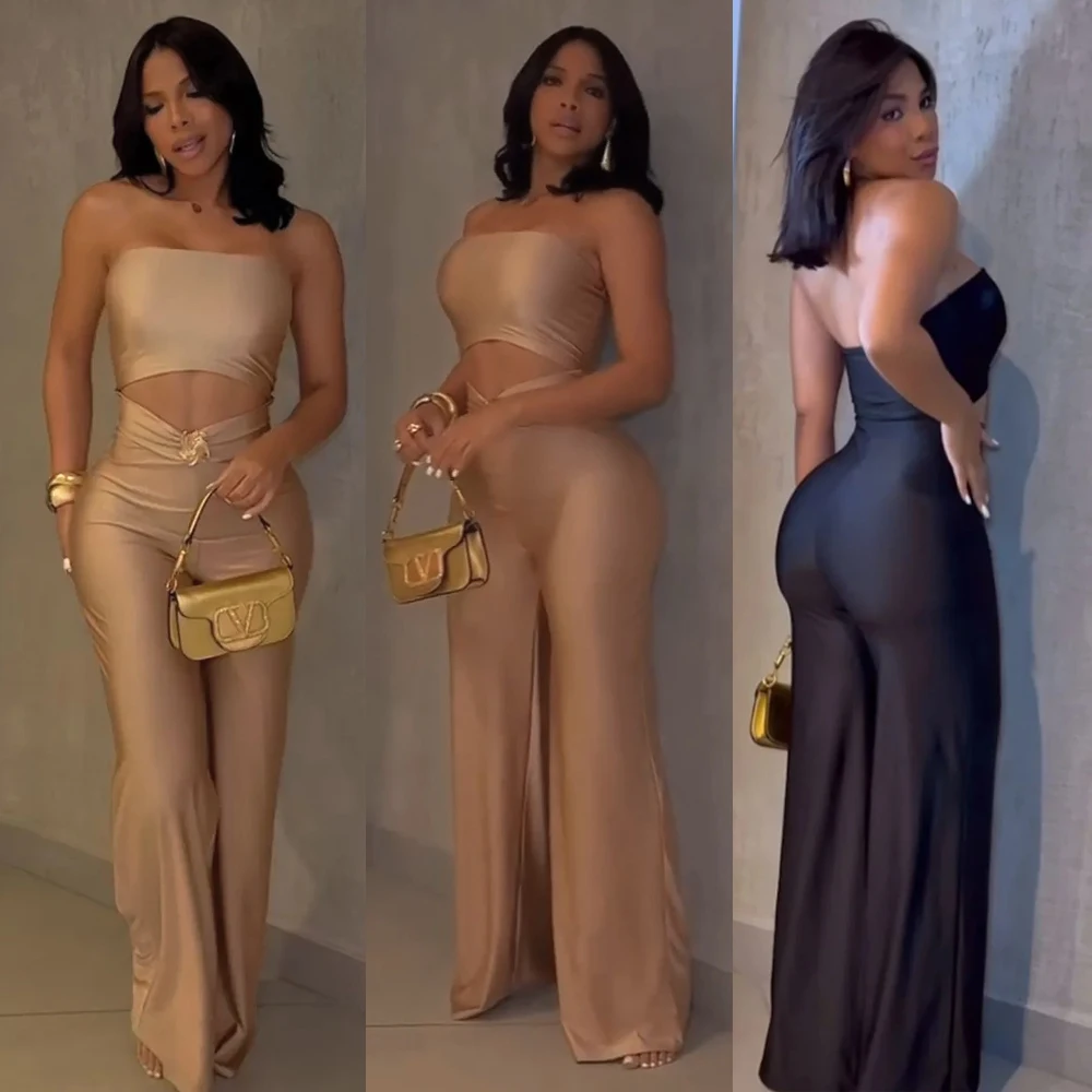 Glam Jumpsuit Women Elegant Off Shoulder Cut Out Metal One Piece Strapless Romper Female Sexy Night Club Party Outfits 2025 New