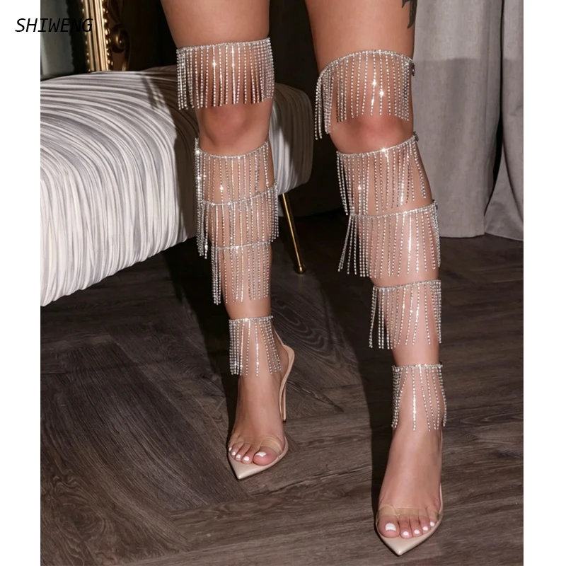 

Women Multi Layer Rhinestone Tassel Leg Wraps Pointed Toe Clear PVC Stiletto Heel Mule Sandals Nightclub Party Stage Dress Shoes