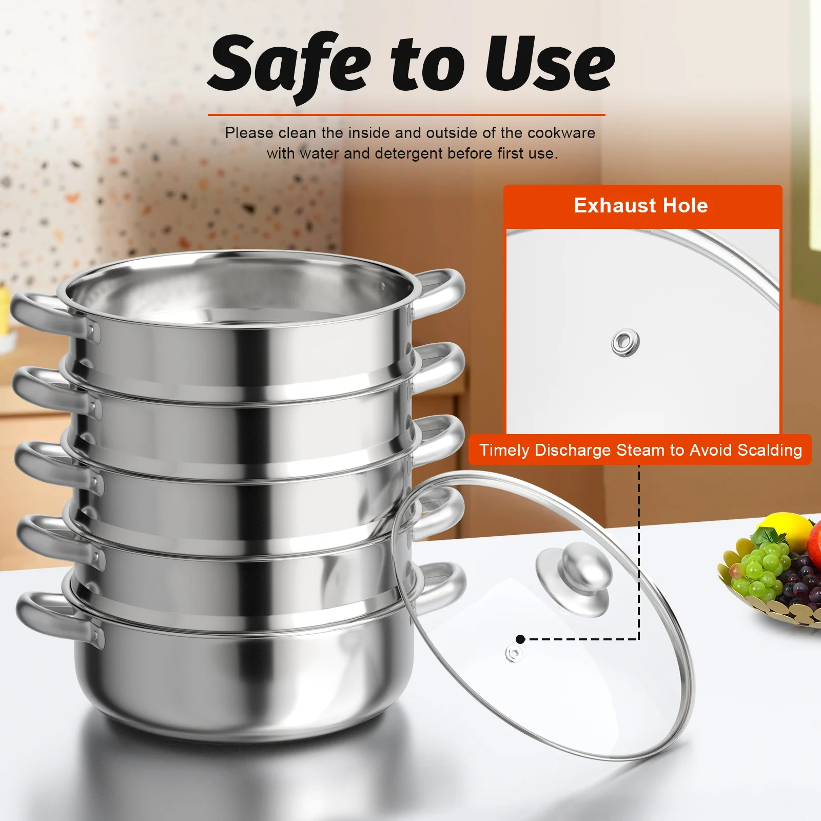 

30cm 5-Tier Stainless Steel Food Steamer Meat Vegetable Steamer Pot Kitchen Cookware with Lid