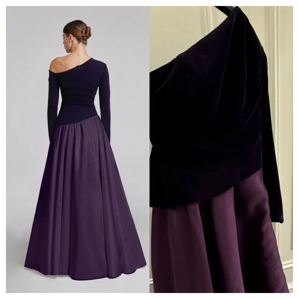 فستان سهرة أنيق من الساتان الأرجواني مخصص بسيط بكتف واحد وأكمام طويلة فستان الحفلات بطول الأرض Pr #2