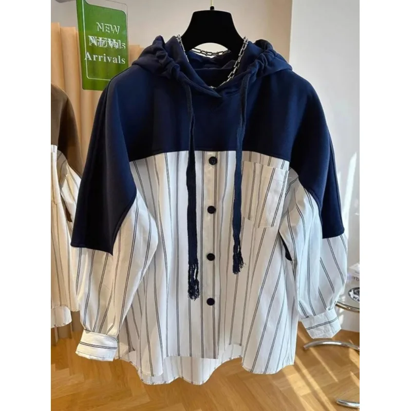 

Large size design striped shirt splicing hooded sweater women's early autumn loose fake two fashion temperament tops