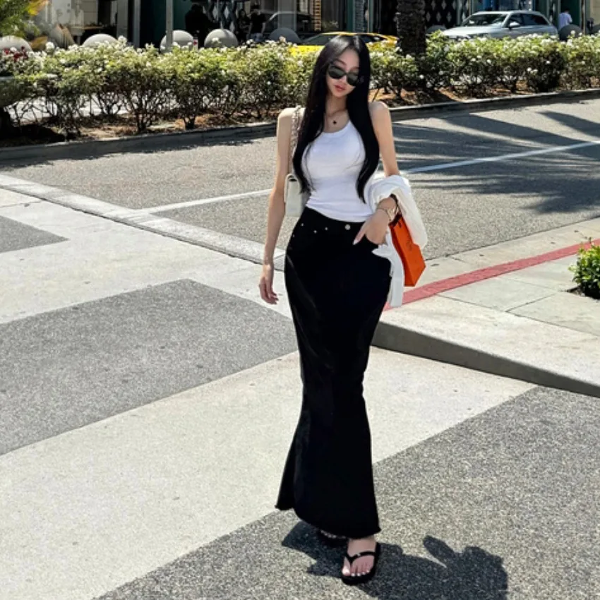

Bla White Asymmetrical Long Skirt Fi Tail Split ow Figure mid Waist Jeans Cotton 85% Spandex 5% Spring Autumn New Sle