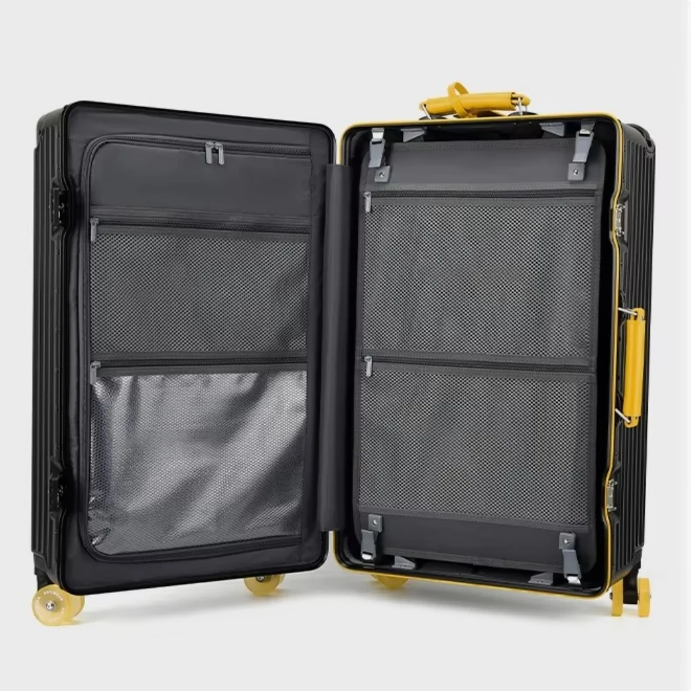 حقيبة سفر بإطار من الألومنيوم ذات سعة كبيرة ومقود واسع مع قفل TSA بعجلة دوارة صامتة ملونة