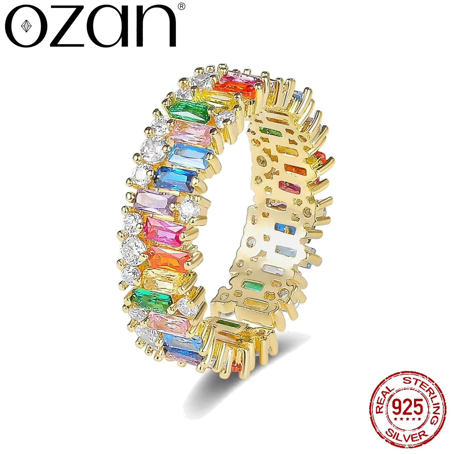 OZAN 925 Sterling Silver Ring Emerald cut Colorful CZ Open Ajustable Ring Yellow Gold Plated Fashion Trendy Women's Jewelry
