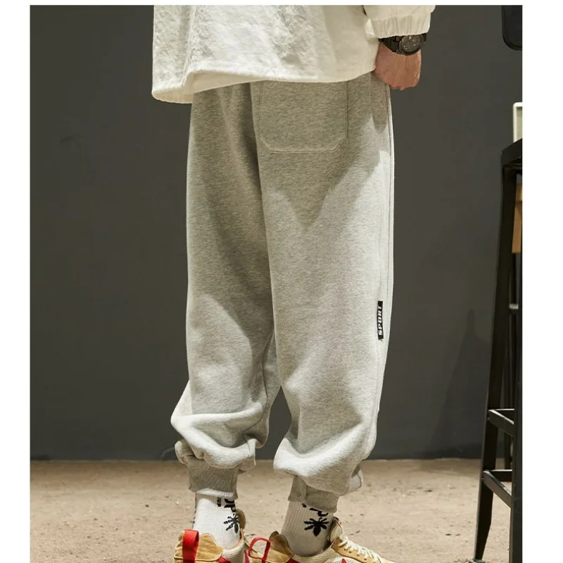 Korean Autumn Winter Fleece Casual Loose Pants Men's New Trend Solid Printed Letters Patchwork Pockets Versatile Sports Trousers