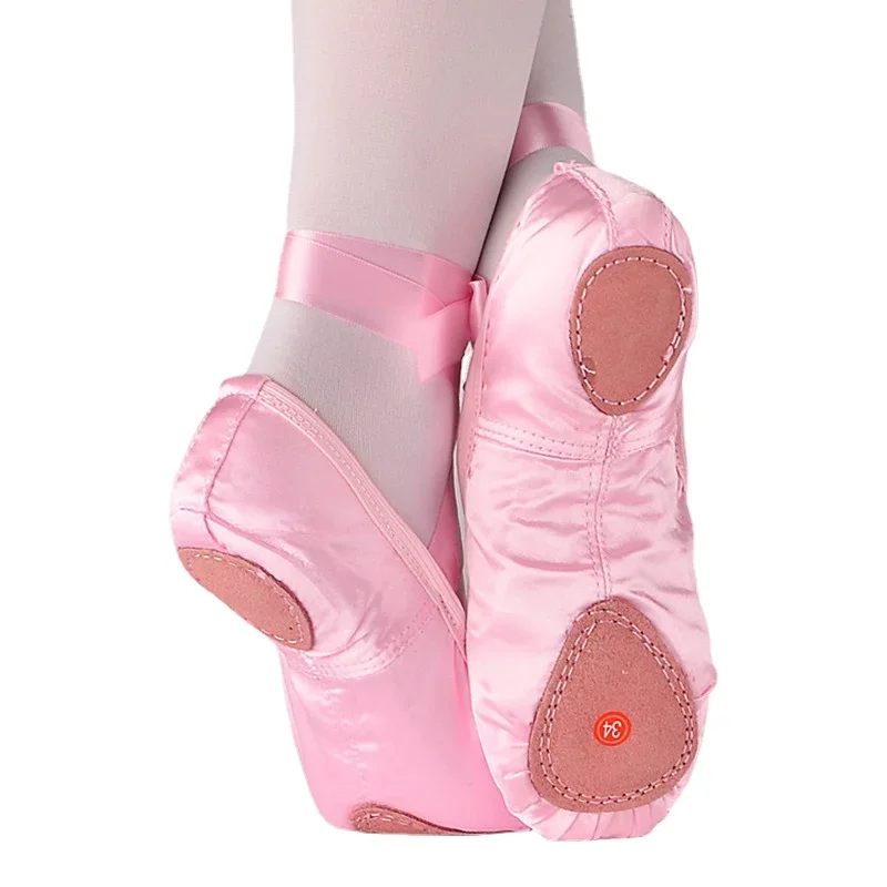 Satijn Ballet Schoenen Met Lint Bandjes Ronde Neus Indoor Yoga Schoenen Volwassen Meisjes Zachte Split Zool Satijn Dans Ballerina Schoenen