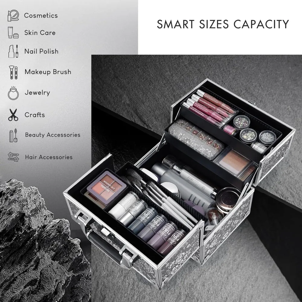 Portable Lockable Makeup Case with 4 Trays, Dividers & Spacious Storage - Silver Floral Design for Travel & Daily Use