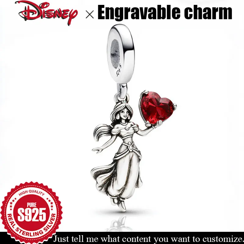

Customizable engraved pendant 925 Sterling Silver Charm Love Red Heart Zircon Disney for Original DIY Bracelet Fine Jewellery