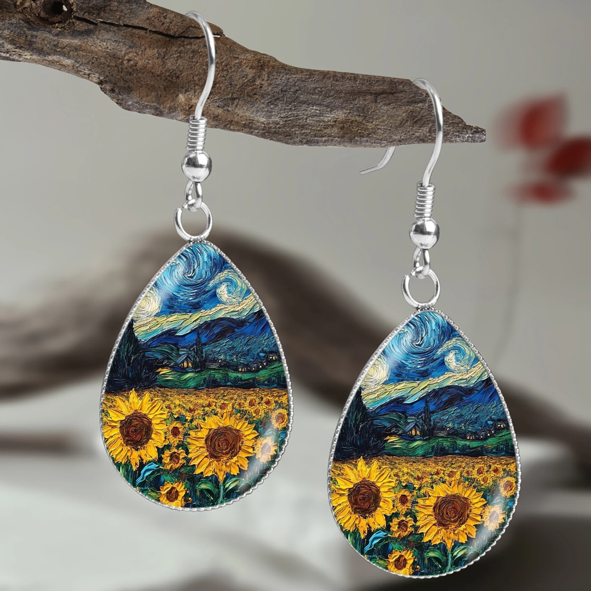 1 Pair of Van Gogh Sunflower Pattern 316 Stainless Steel Drop-Shaped Earrings, Classic and Simple Style Jewelry Earrings for Men and Women to Wear on Vacation or Banquets