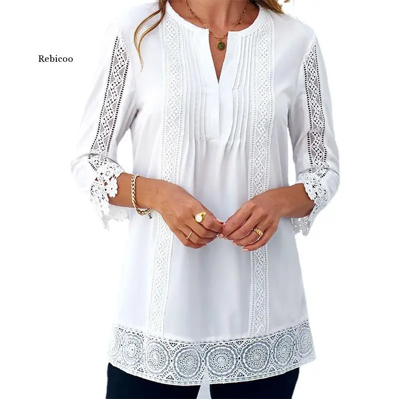 Temperament Women's Clothing Elegant O-Neck Hollow Out Nine Points Sleeve Long Top Lace Lacework Loose White Oversized T-shirt