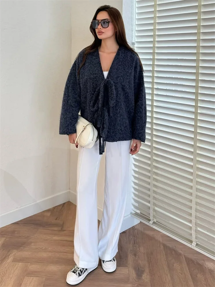 Tossy Casual Lace-Up V-Neck Coat Jackets Female Loose Long Sleeve Commute High Waist Autumn Outwear For Women Bandage Jackets