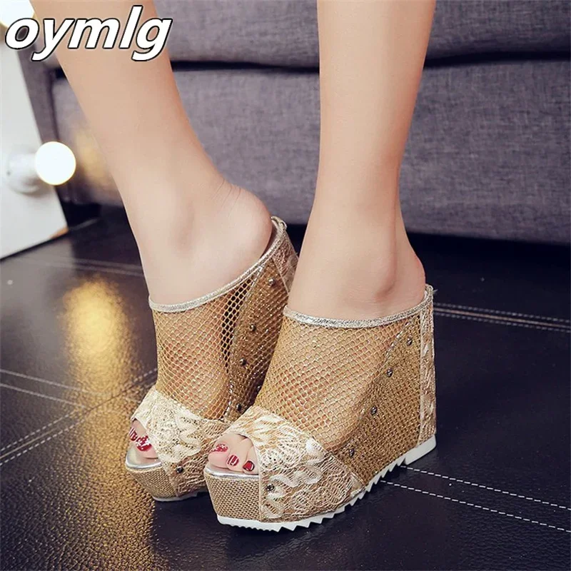 2024 Summer Fashion Slope Heel Fish Mouth High Heel Sandals with Matsu Bottom Hollow out Slippers Lace Sandals for Women