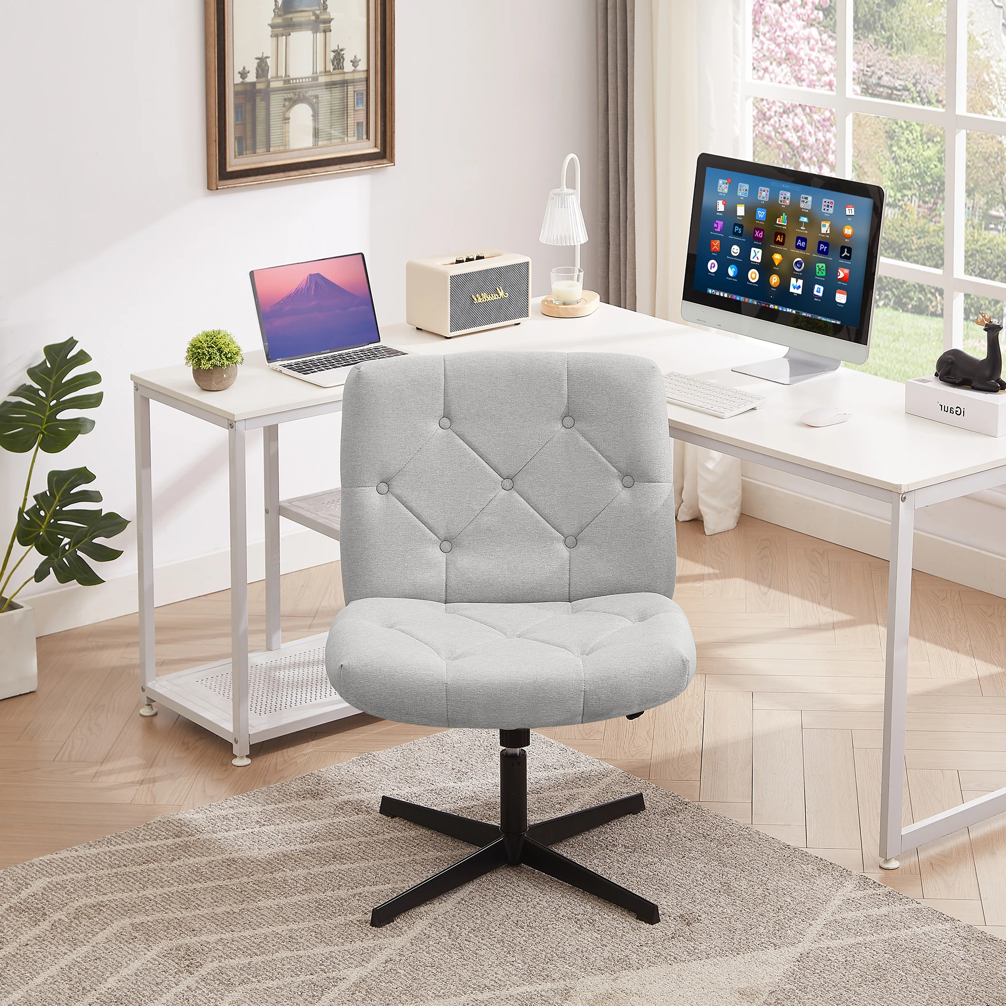 VECELO Criss Cross Legged Armless Wide Adjustable Swivel Padded Fabric Home Office Desk Chair No Wheels