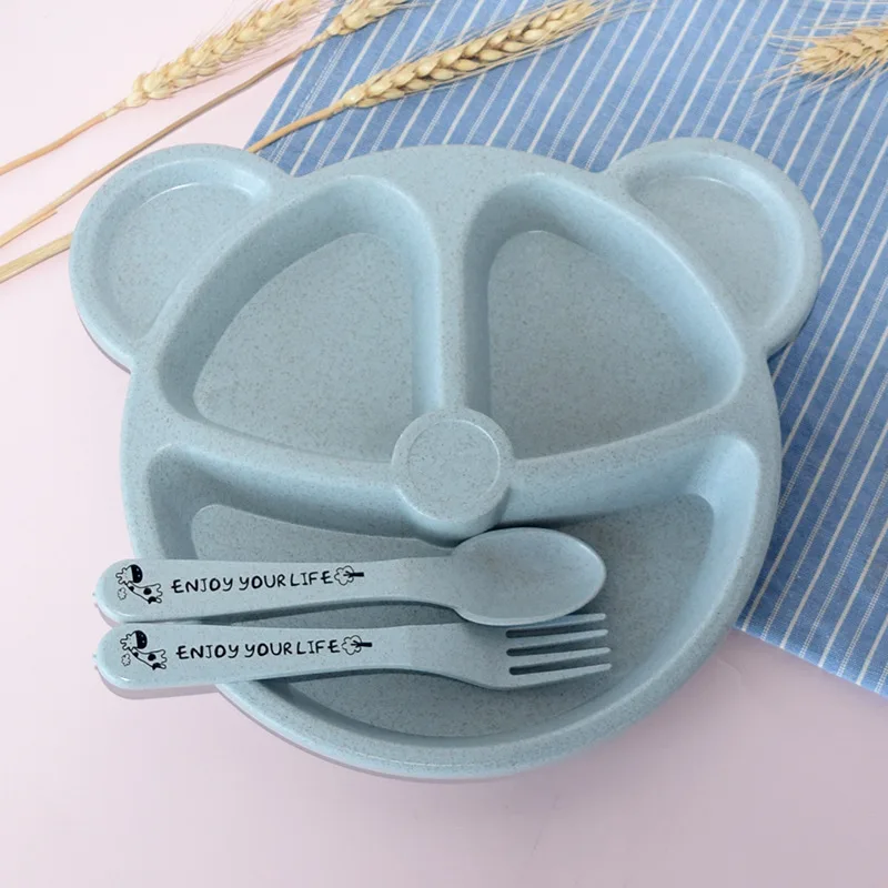 3-Piece Cute Divided Dining Plate for Children\'s Bowls Solid Color Fork Spoon Sucking Tableware Set with Wheat Material