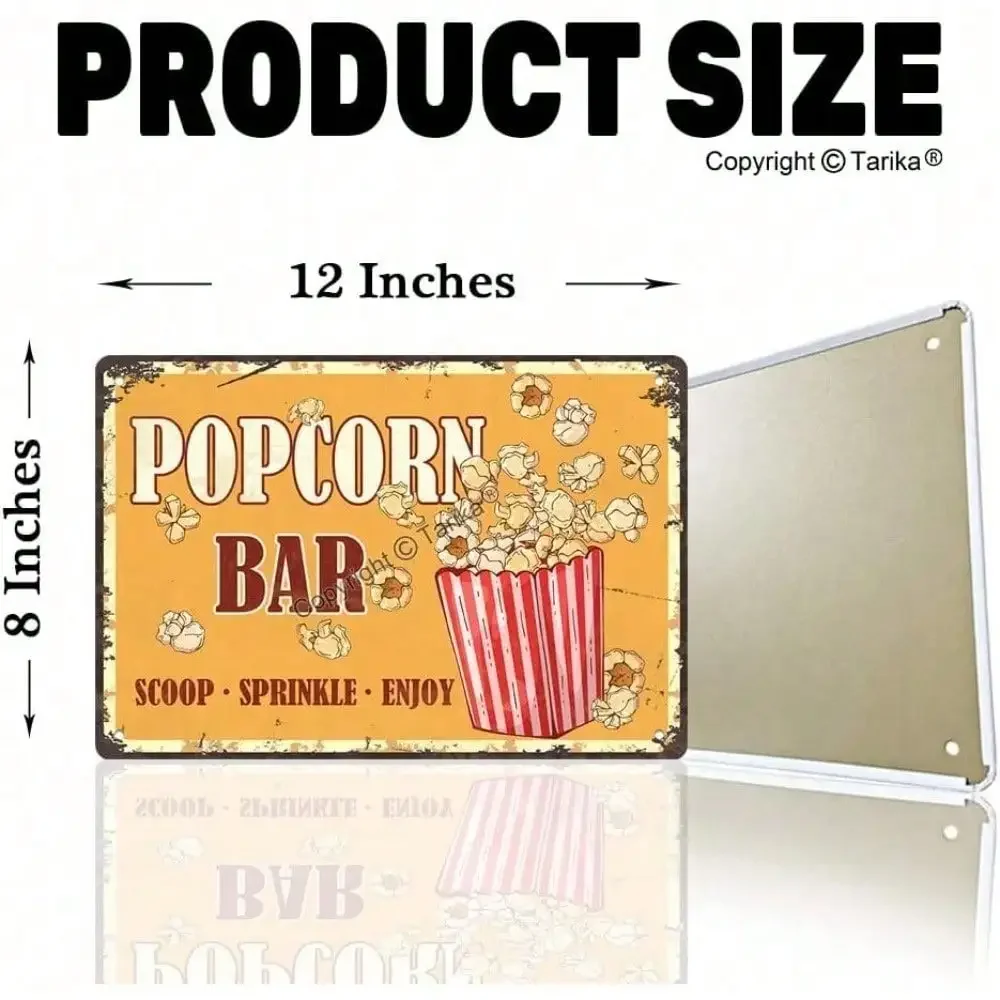 2D Flat 8x12 Inch Vintage Popcorn Bar Aluminum Sign, Rustic Wall Decor for Kitchen Home Theater Movie Night