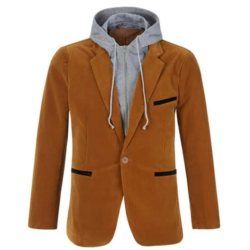 Plus Size M-6XL Men Casual Hooded Blazer ,Men Fake Two Pieces Detachable Hood Blazer , Pure Cotton Hooded Jacket