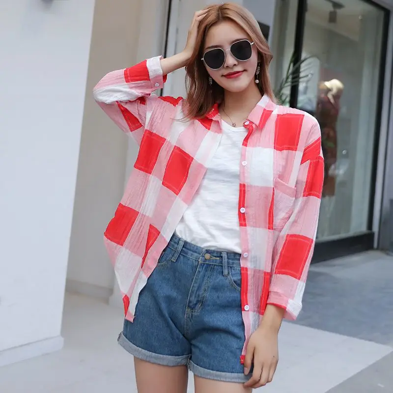 Turn-down Collar Comfortable Sports Button Plaid Blouses Three Quarter Sleeve Spring Summer Thin Loose Casual Women\'s Clothing